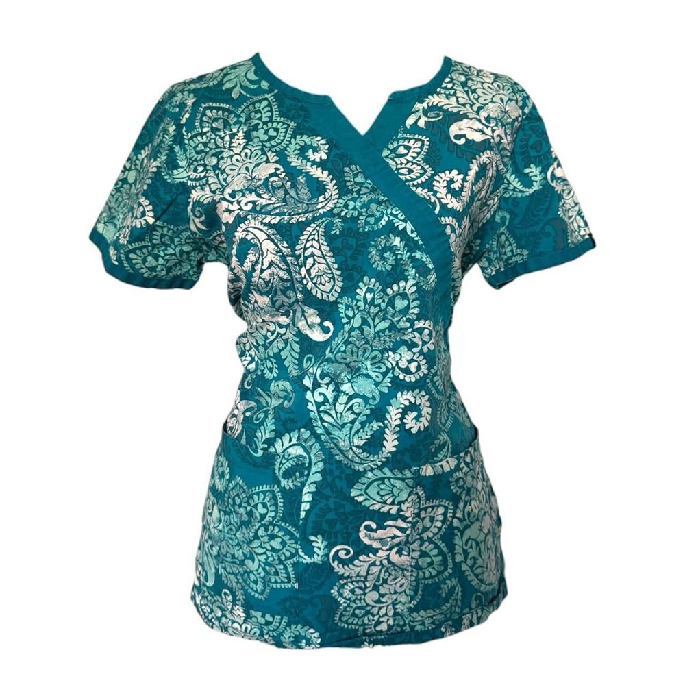 Med Couture teal and white paisley scrub top with pockets, size M